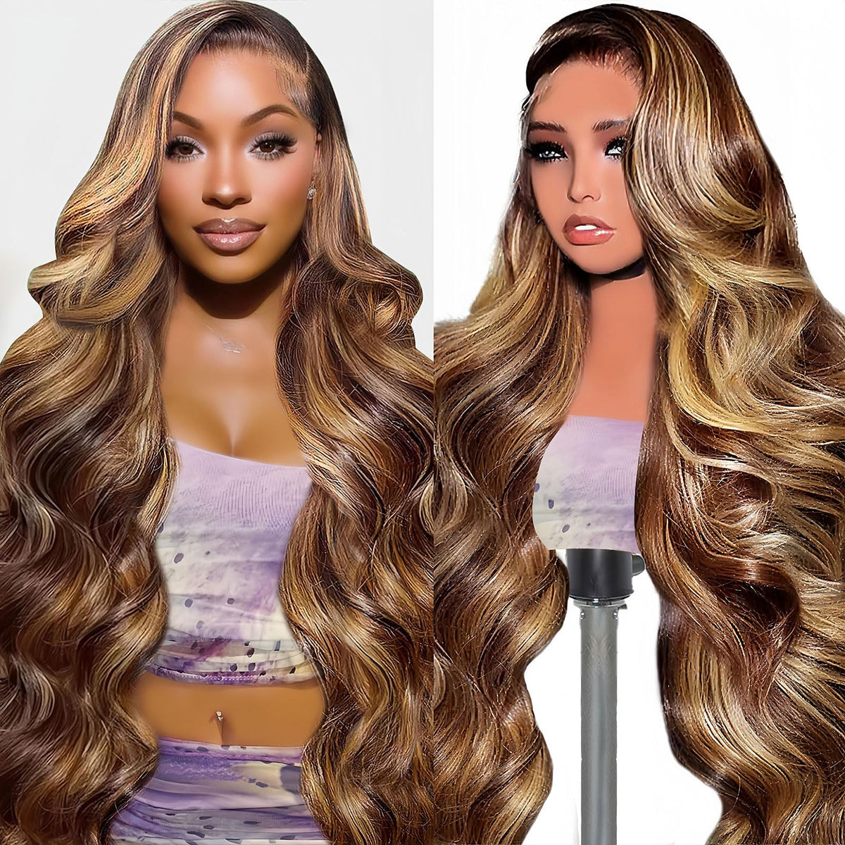 Tobeallo honey blonde wig 30 inch on model, vibrant color for events