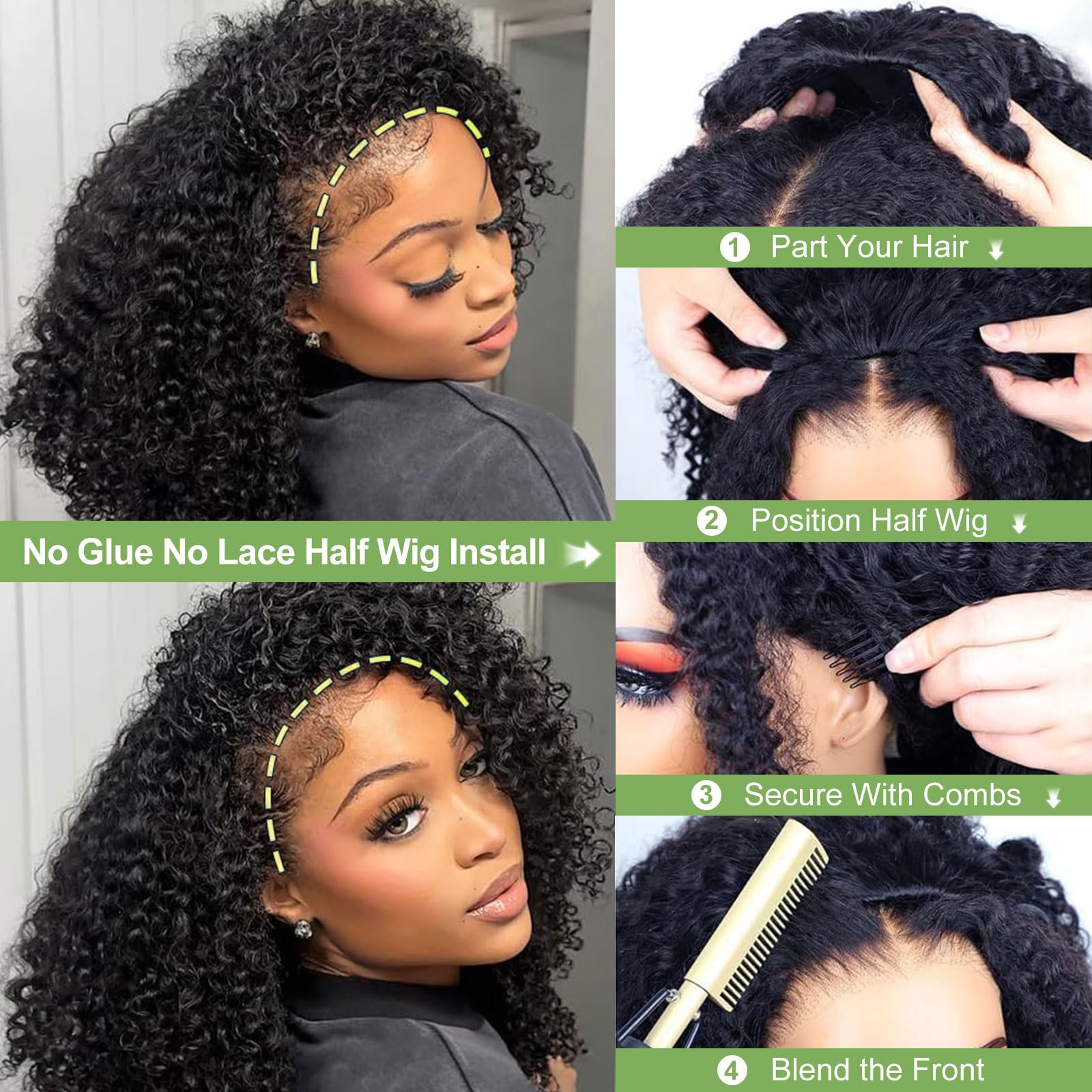 Tobeest kinky curly half wig glueless cap close-up shows secure, comfortable fit