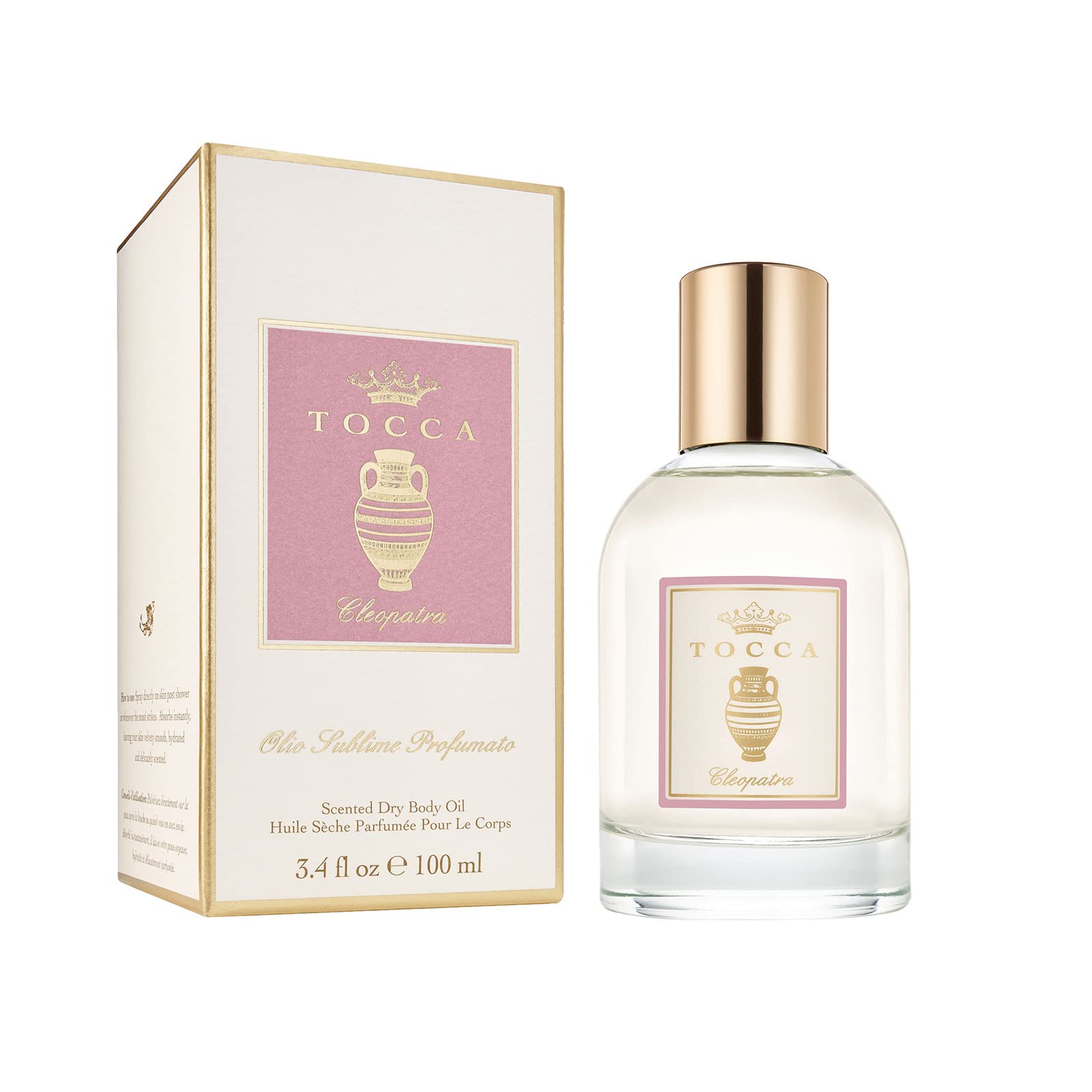 TOCCA Cleopatra dry oil bottle closeup showing silky hydration and glow