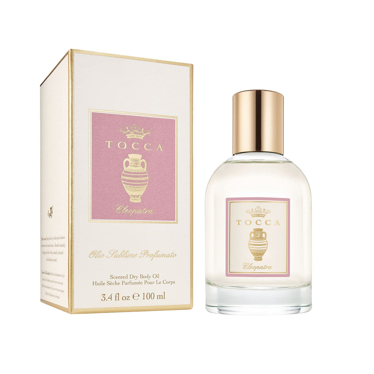 TOCCA Cleopatra dry oil bottle closeup showing silky hydration and glow
