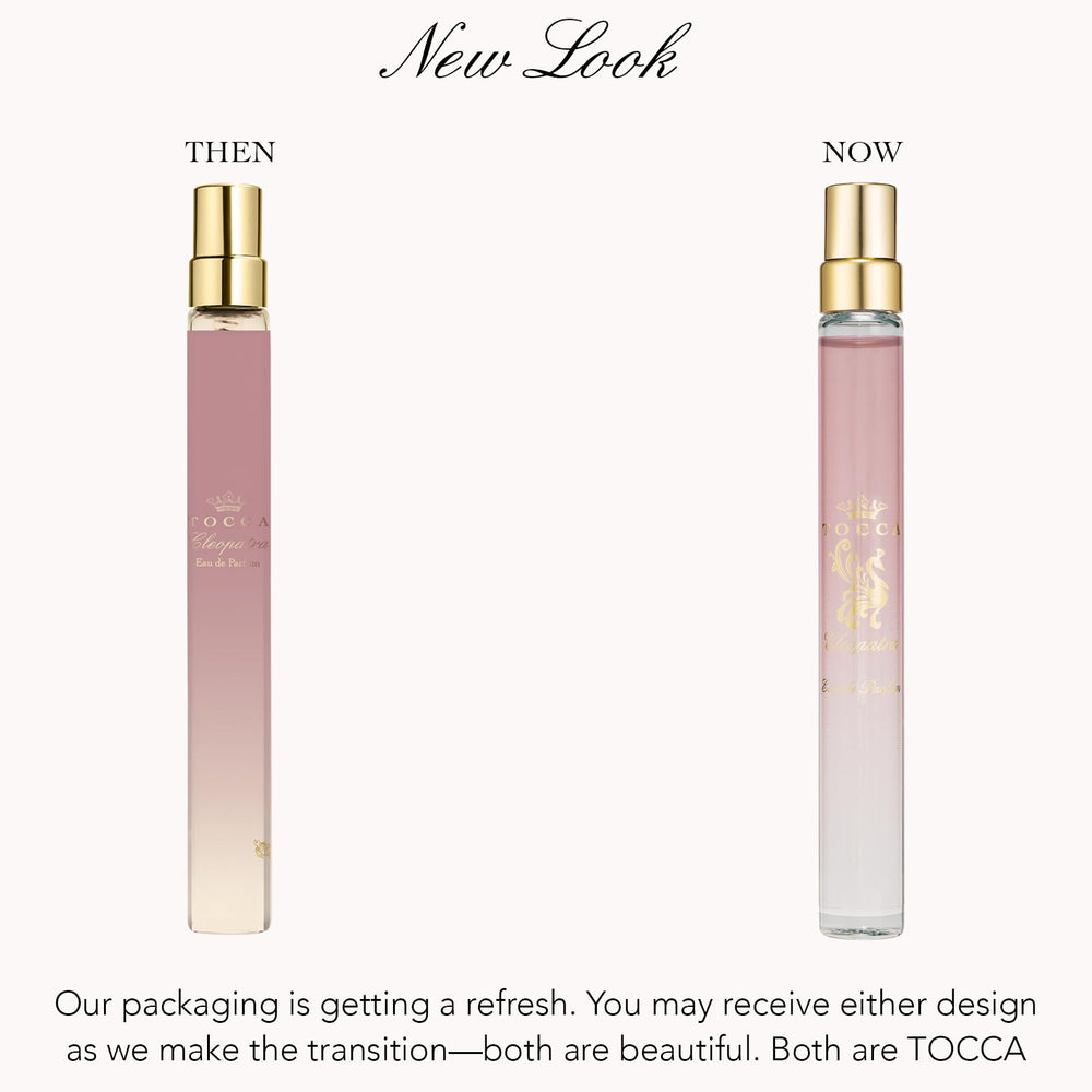 TOCCA Cleopatra bottle close-up highlighting warm floral notes ideal for date nights.