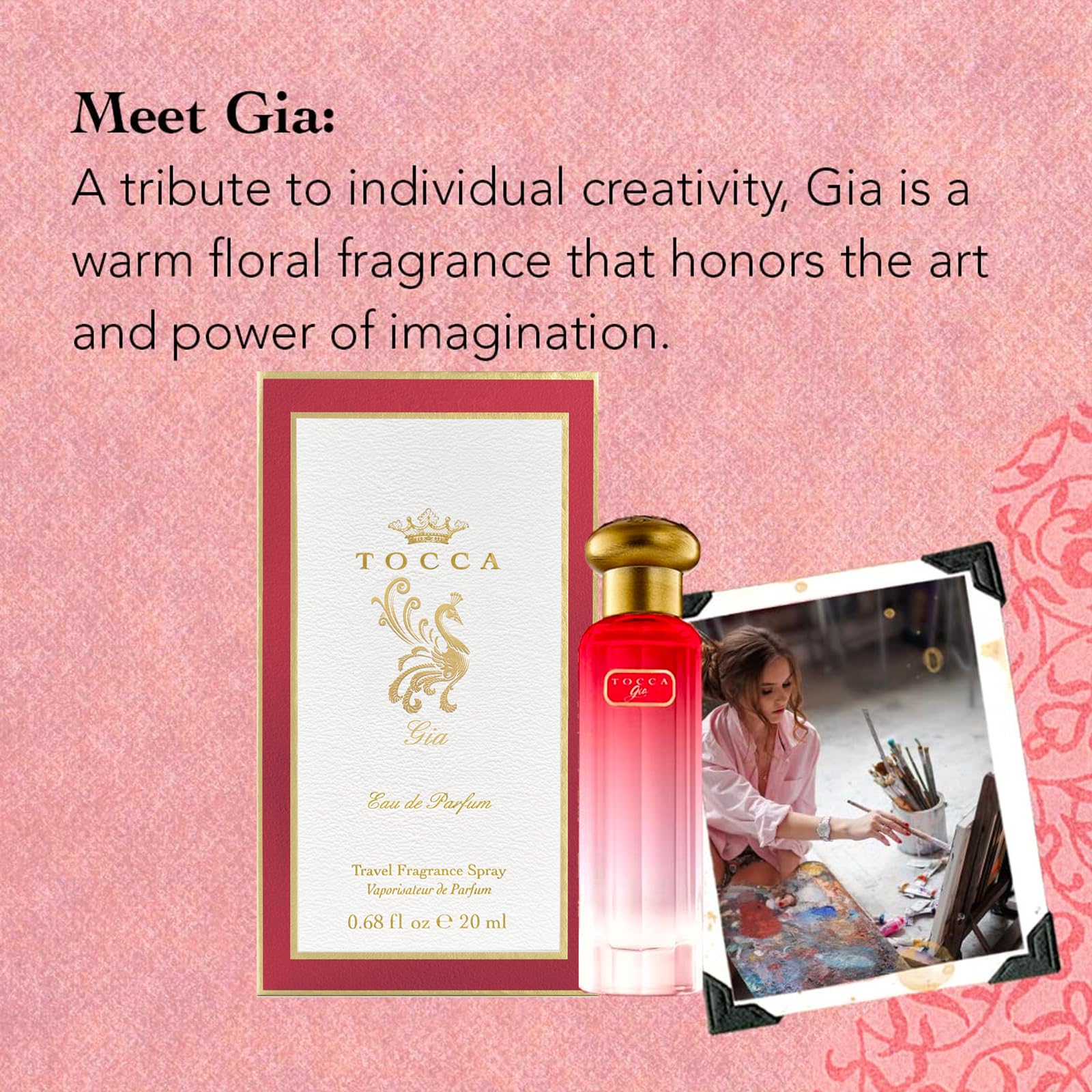 Tocca Gia rose note detail emphasizes Turkish rose and delicate scent.