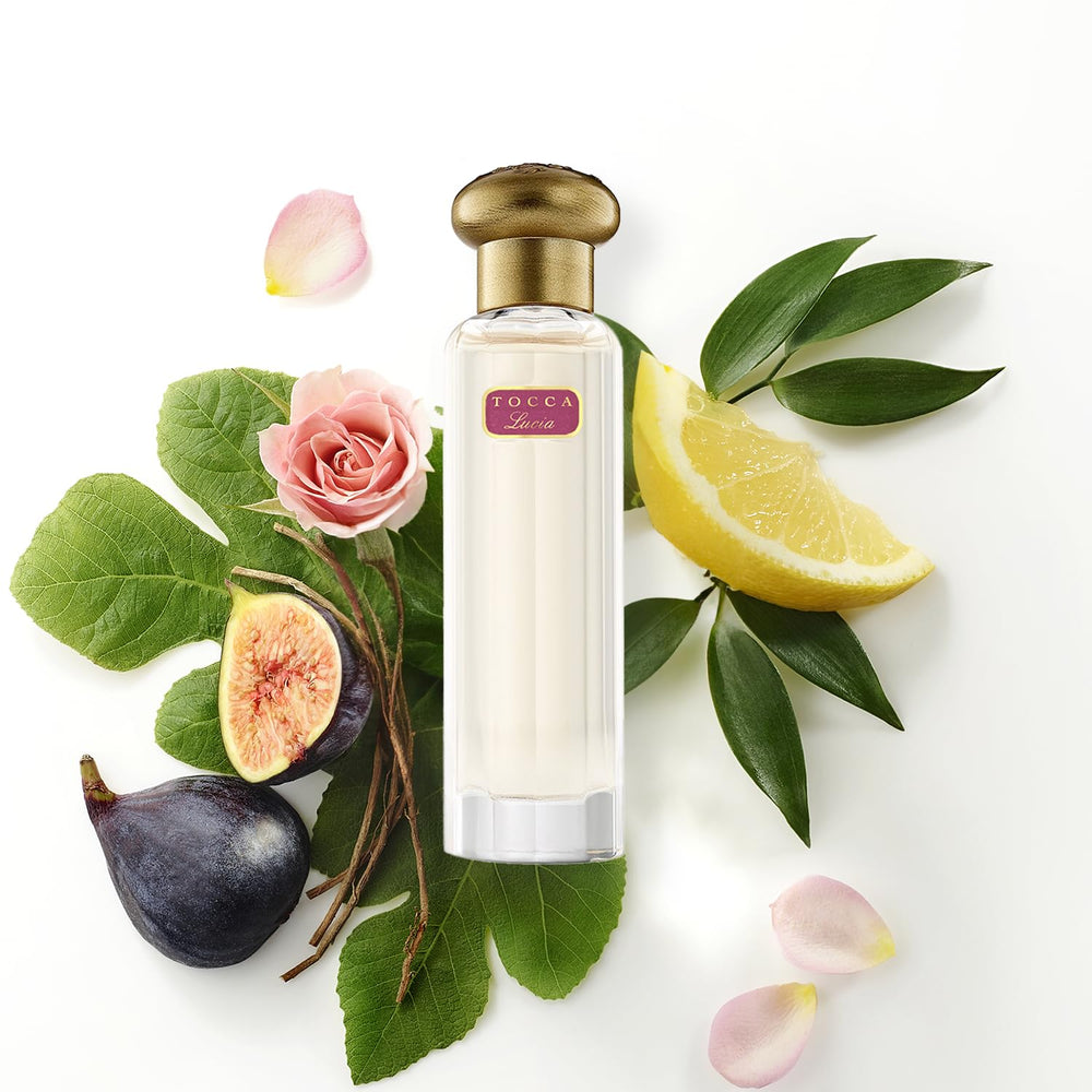 Tocca Lucia cut-glass bottle with soft lighting emphasizes luxury and timeless charm.
