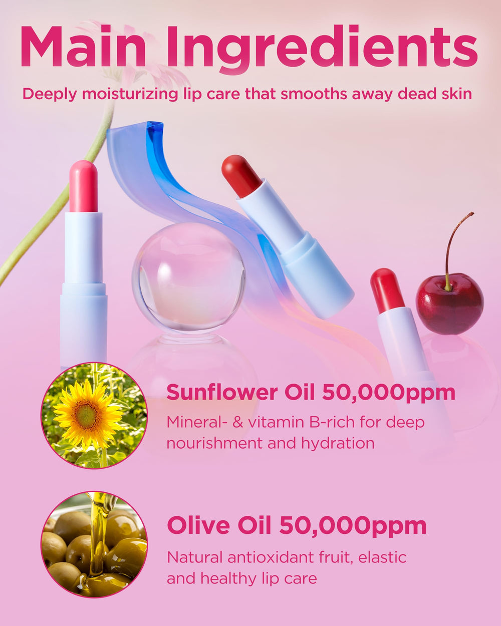 TOCOBO Cherry pink tint on lips enhances a subtle color.