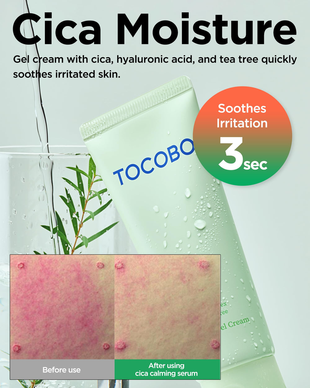 TOCOBO Cica Calming Gel Cream with hyaluronic acid for lasting moisture.