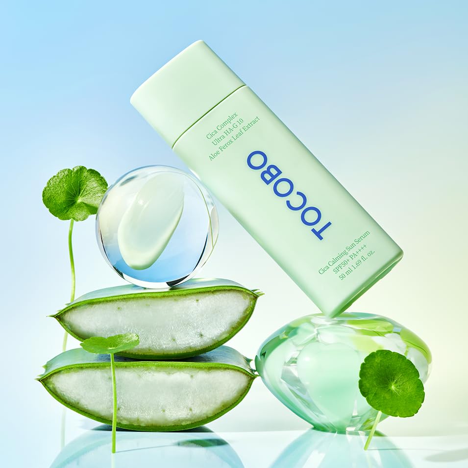 TOCOBO Cica Calming Sun Serum facial application on clean skin shows light feel.