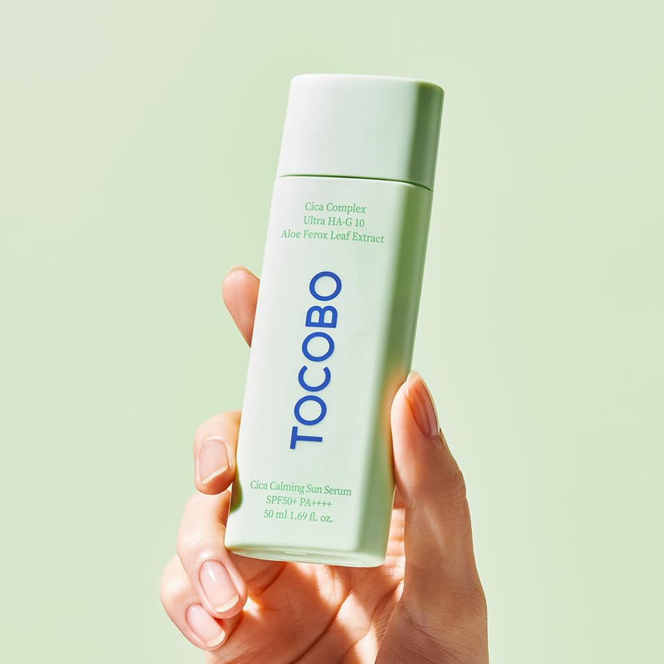 TOCOBO Cica Calming Sun Serum neck application demonstrates versatile sun protection.