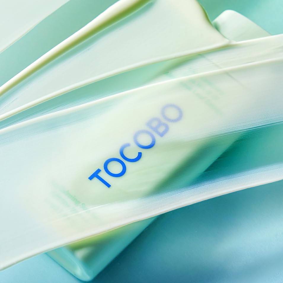 TOCOBO Cica Calming Sun Serum SPF50+ protection graphic emphasizes broad coverage.