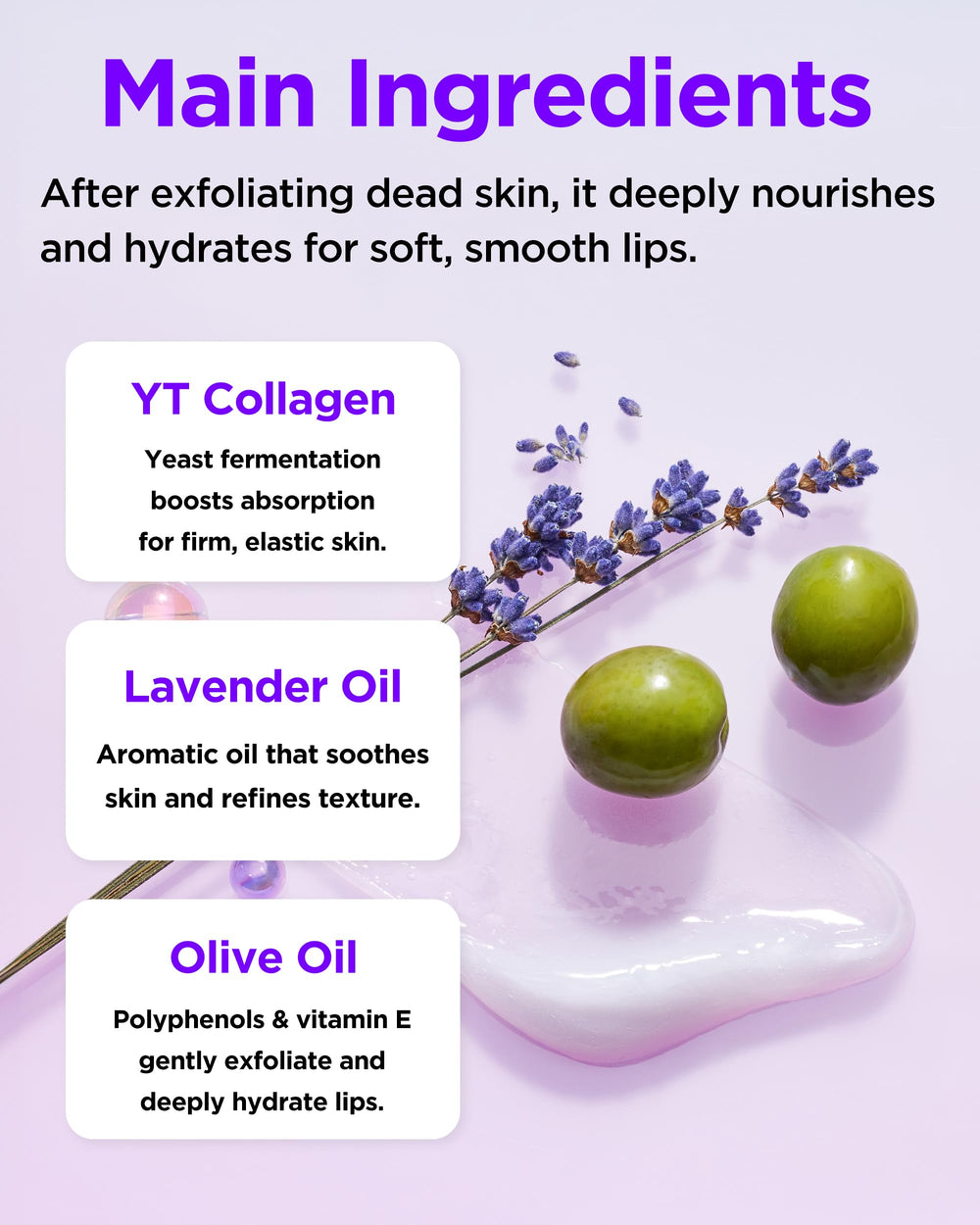 Olive oil ingredient in TOCOBO Lip Mask emphasizes deep moisturization.