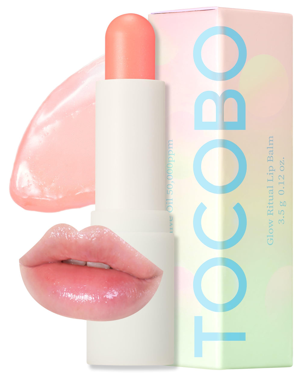 TOCOBO Glow Ritual Lip Balm Coral Water swatch showing subtle coral color and moisture