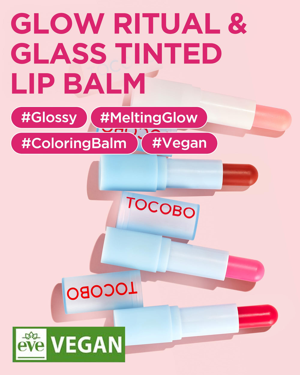 TOCOBO Glow Ritual Lip Balm Coral Water bottle close-up highlights glossy finish