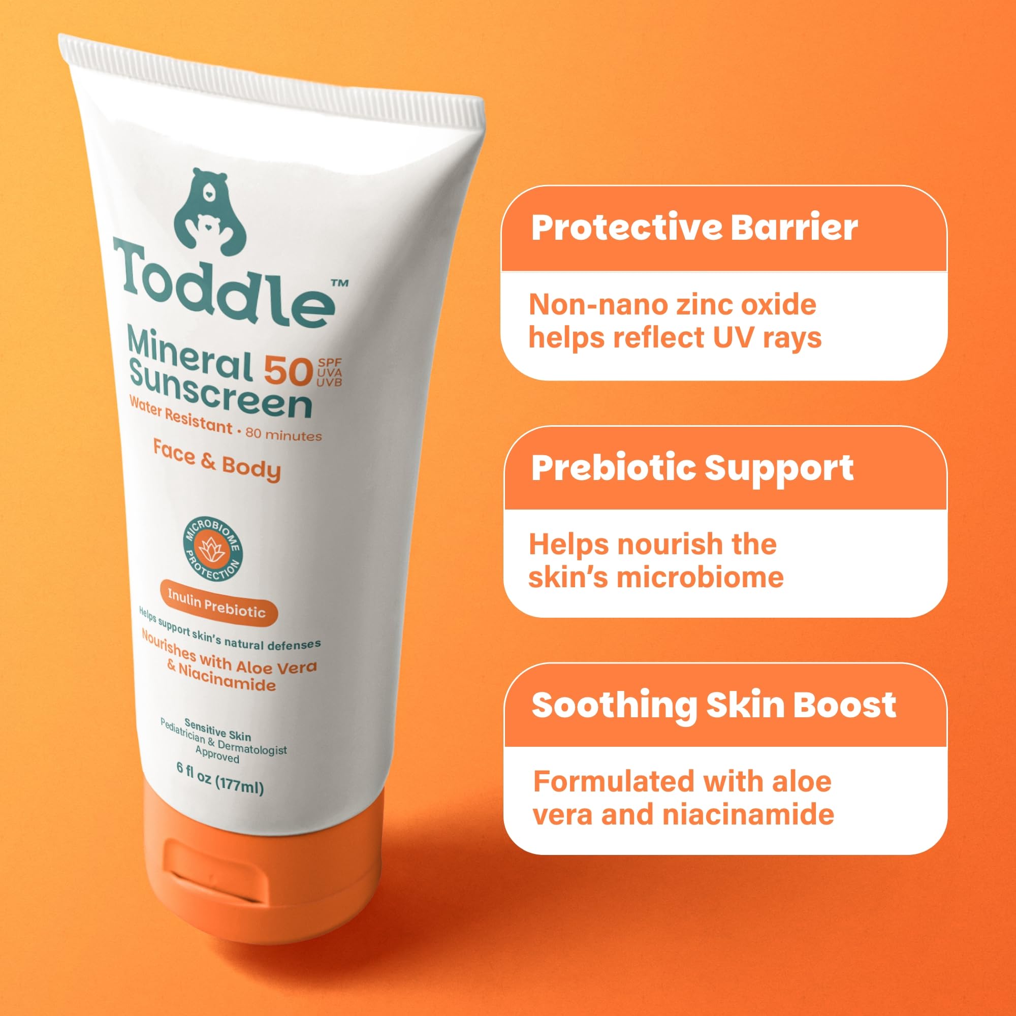 Toddle face and body sunscreen in action, fast-absorbing and light.