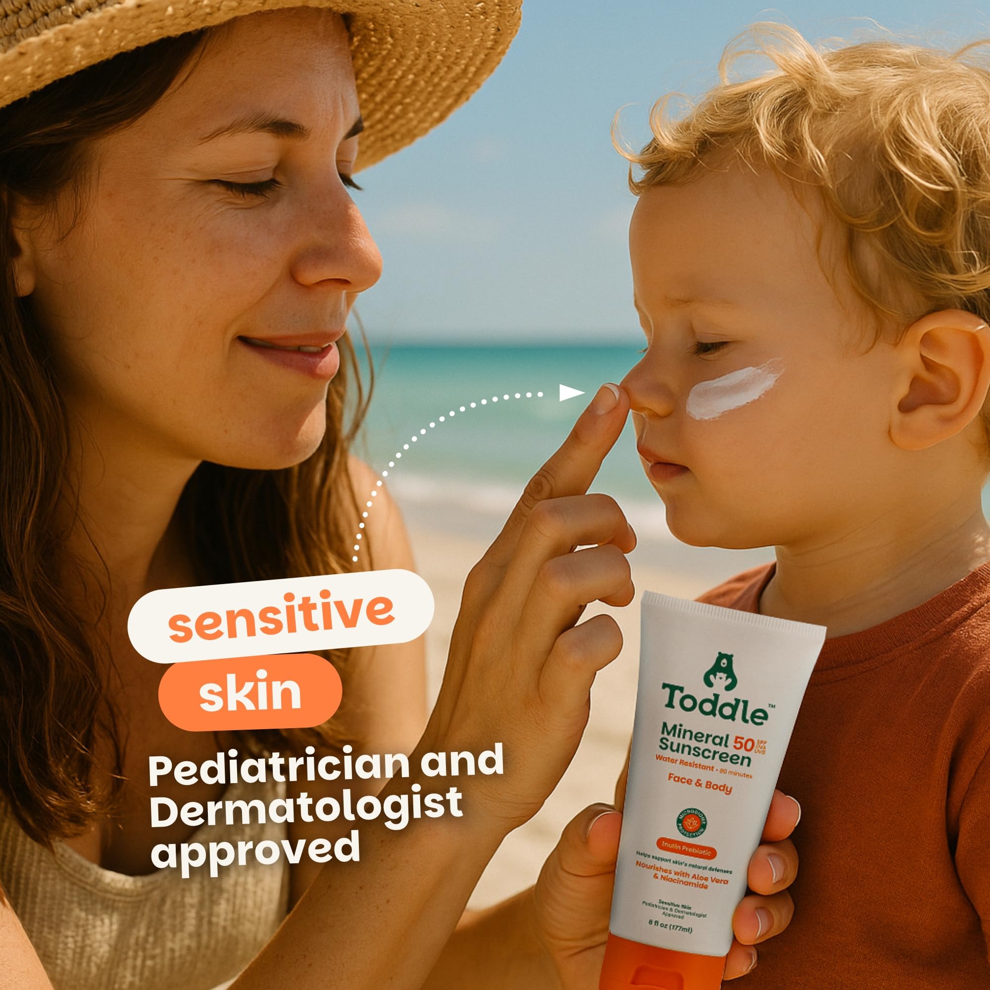 Toddle no white cast look, clear skin after application.