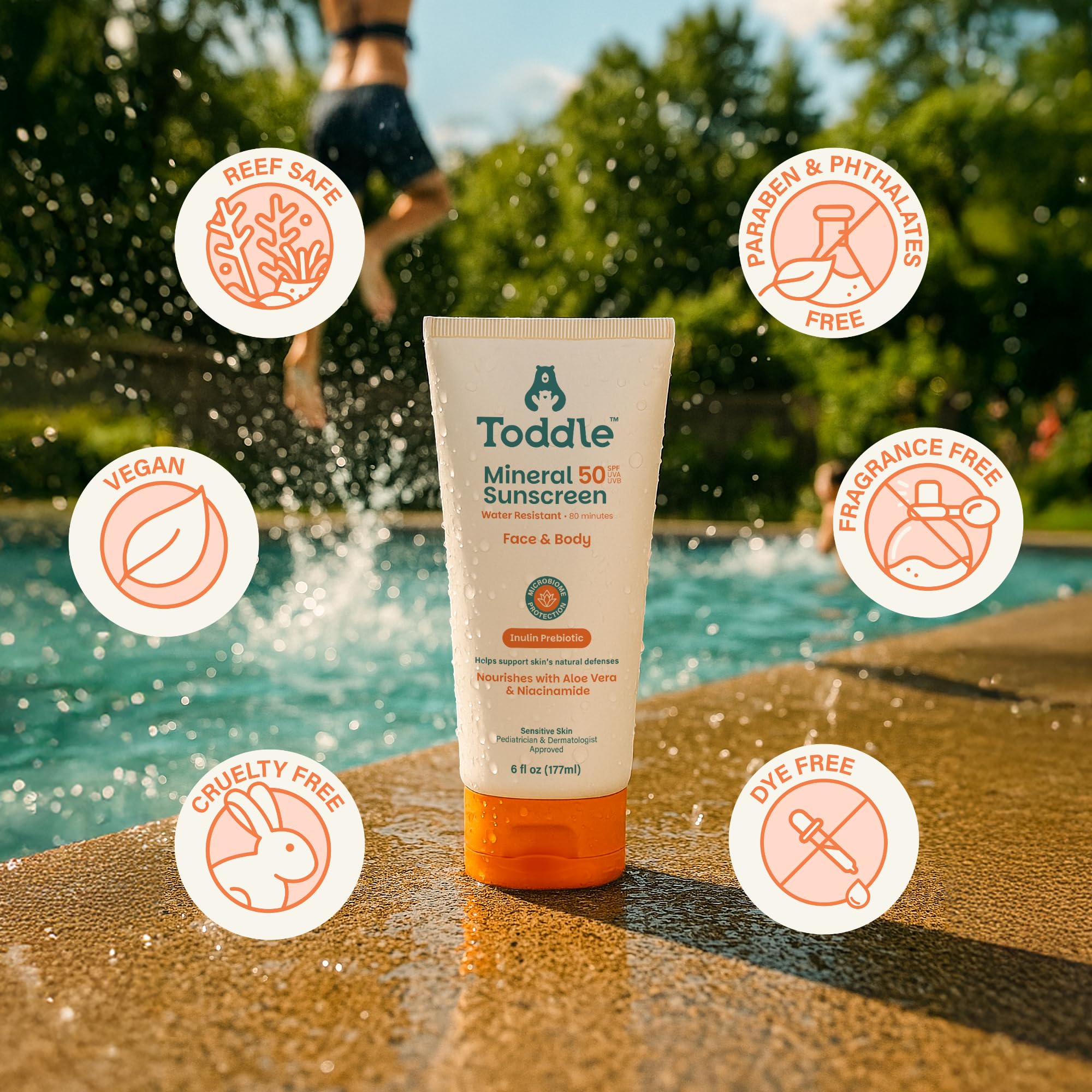 Toddle vegan cruelty-free label emphasizes safe, reef-friendly sunscreen.
