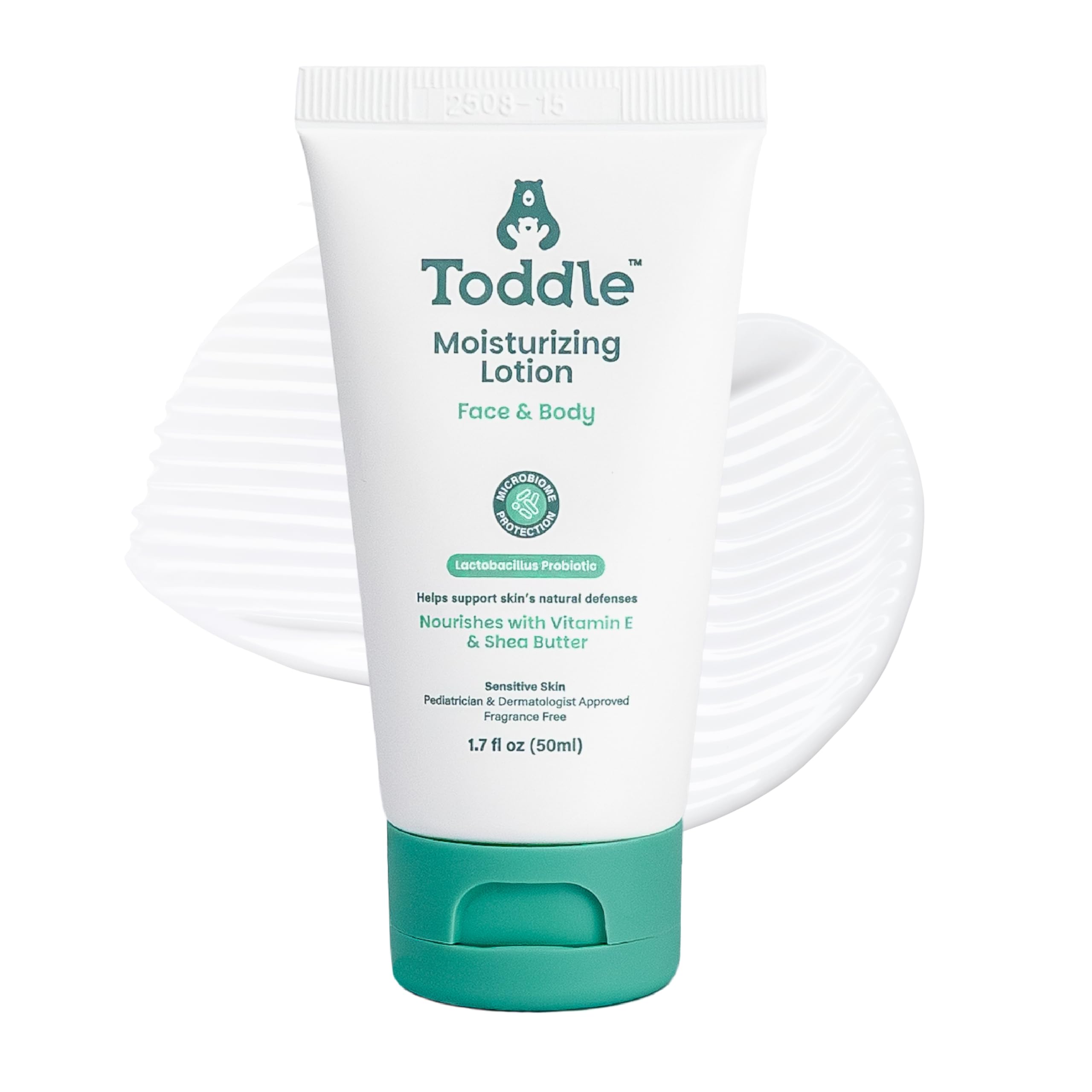 Toddle probiotic moisturizing lotion packaging shown as a travel-size bottle for on the go care