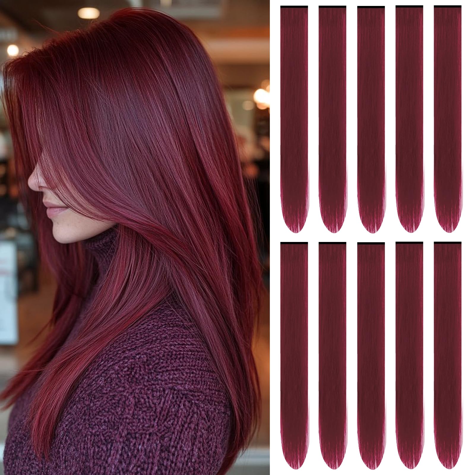 TOFAFA 22 inch burgundy clip-in extensions add instant length and color.