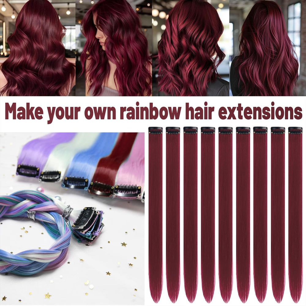 TOFAFA cherry red synthetic hair extensions, straight and versatile for daily wear.