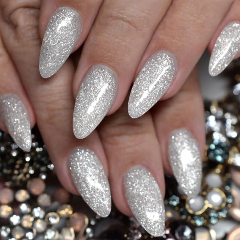 TOGZOM silver glitter press-on nails pack for almond shape, easy at-home manicure.