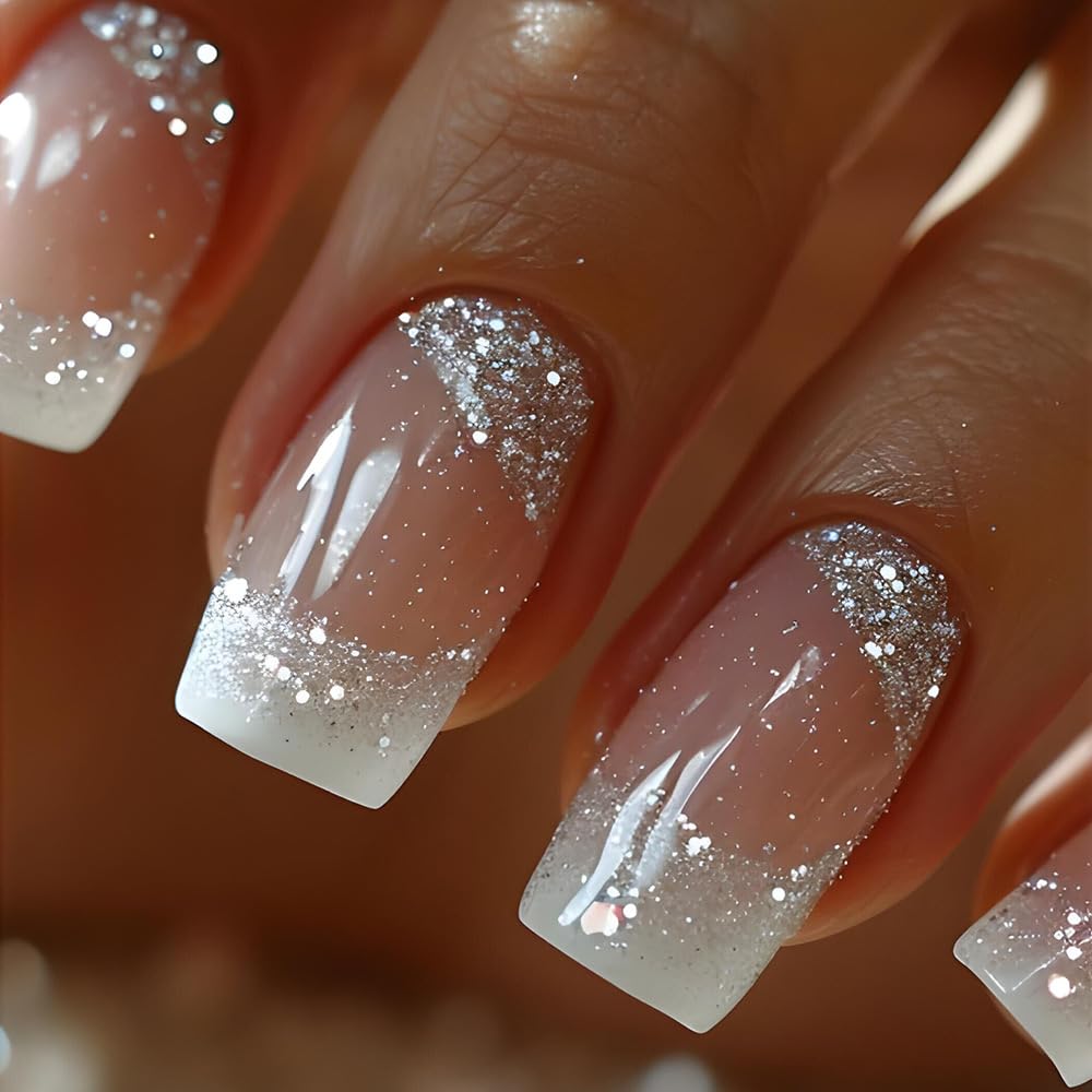 TOGZOM square press-on nails with mid French tips and silver glitter for lasting salon-like shine.