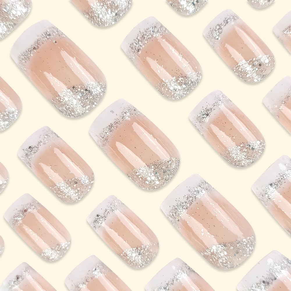 TOGZOM safe, sturdy square nails with French tips and glitter finish for comfortable wear.