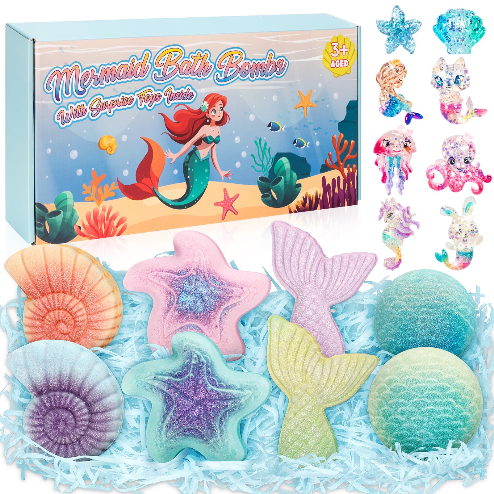 Toidgy Mermaid Bath Bombs box gift opens to colorful bubbles and a surprise toy.