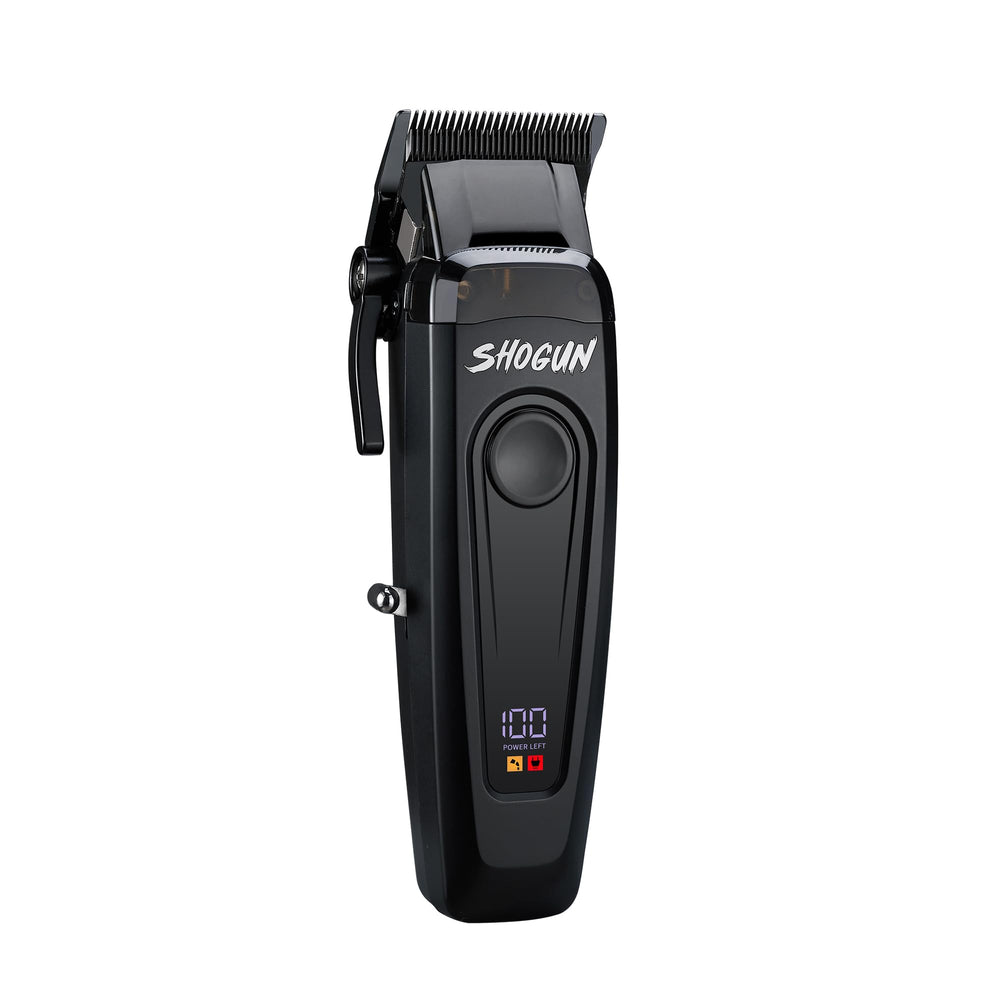 TOKOYA Shogun clipper with black titanium DLC blade for razor-sharp fades.