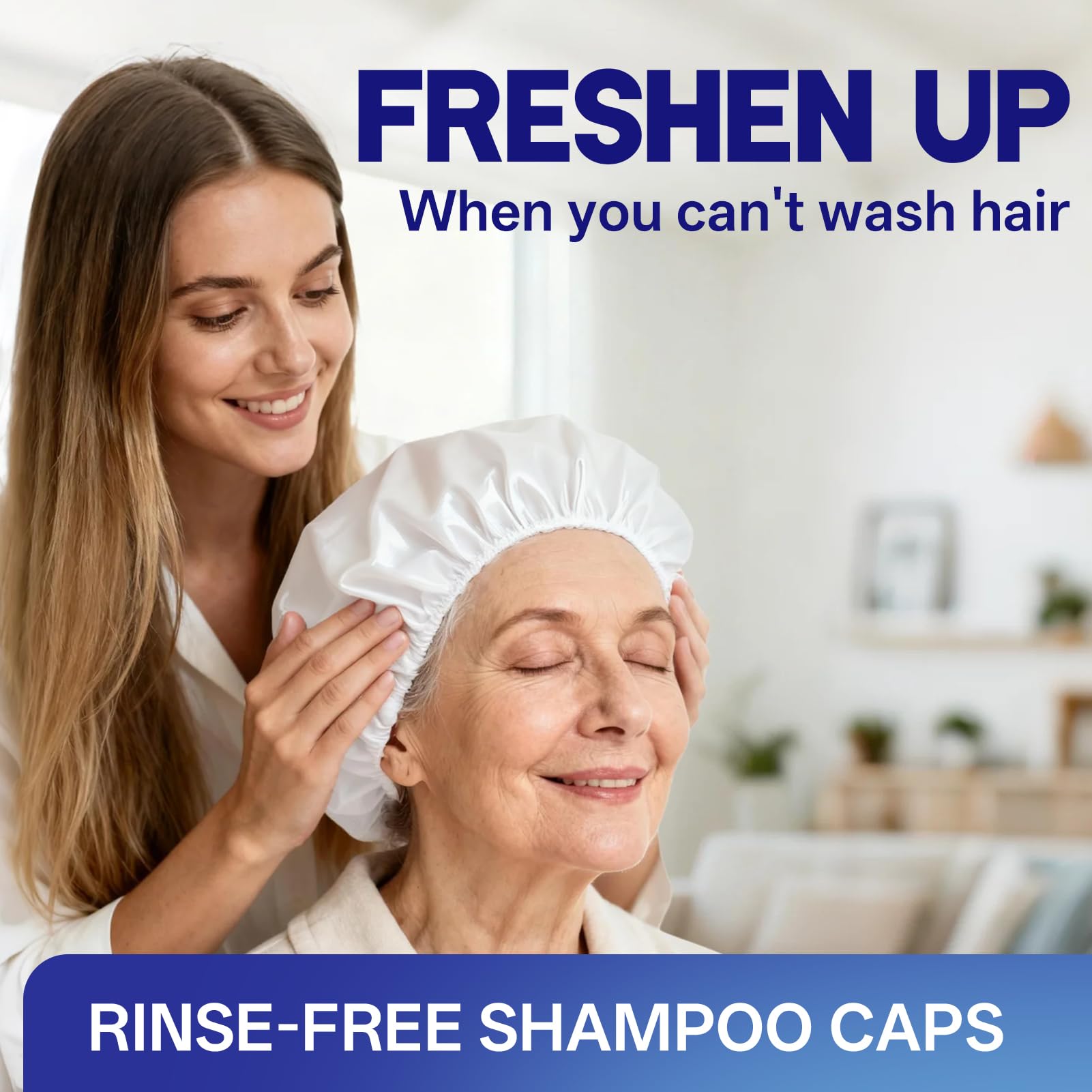 Tolnetr shampoo cap in bedside care setup for elderly patients