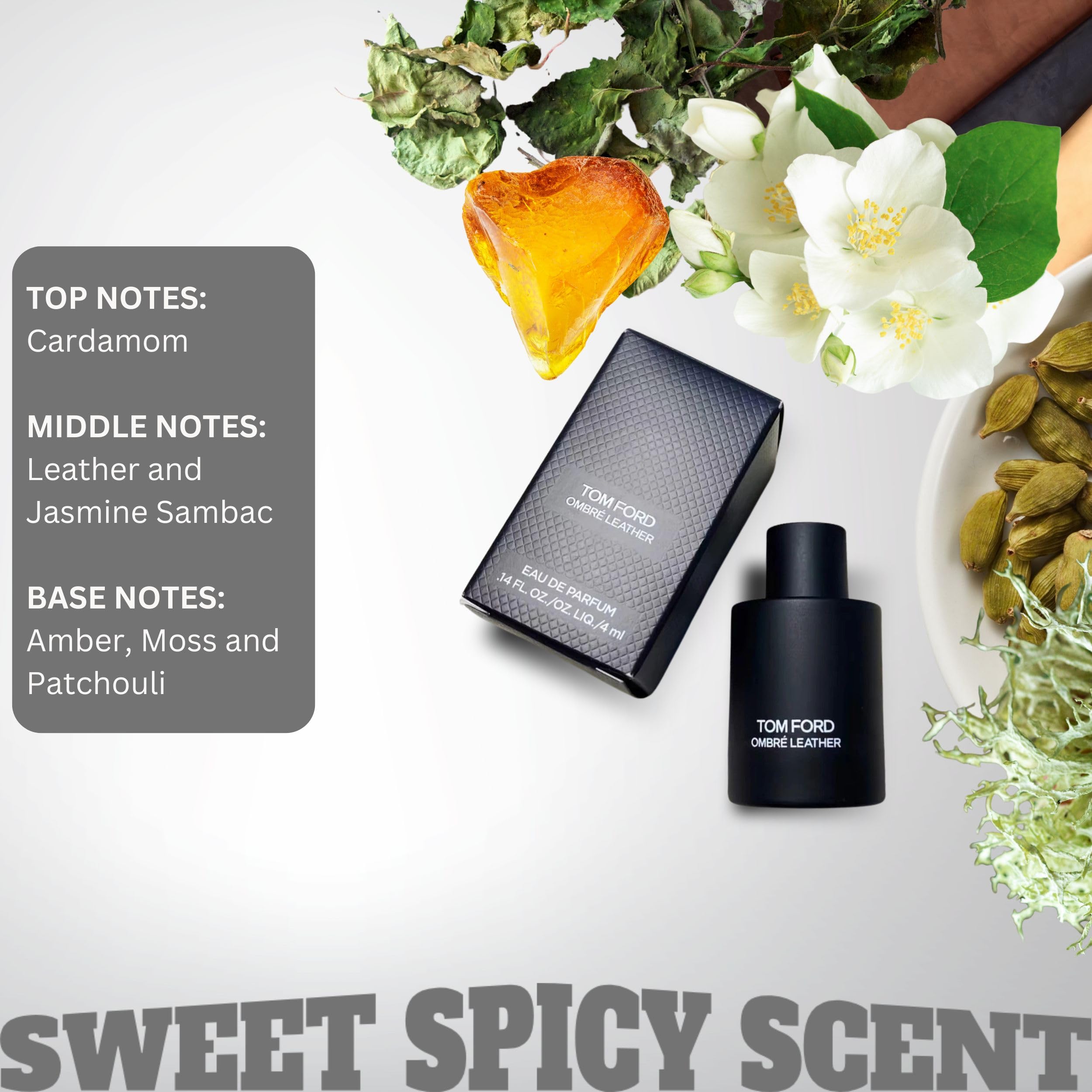 Close-up of the glass bottle highlighting the luxe leather-inspired scent.