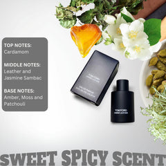 Close-up of the glass bottle highlighting the luxe leather-inspired scent.