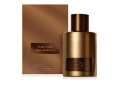 Tom Ford Oud Minerale box and bottle display emphasizing fragrance presence and prestige.