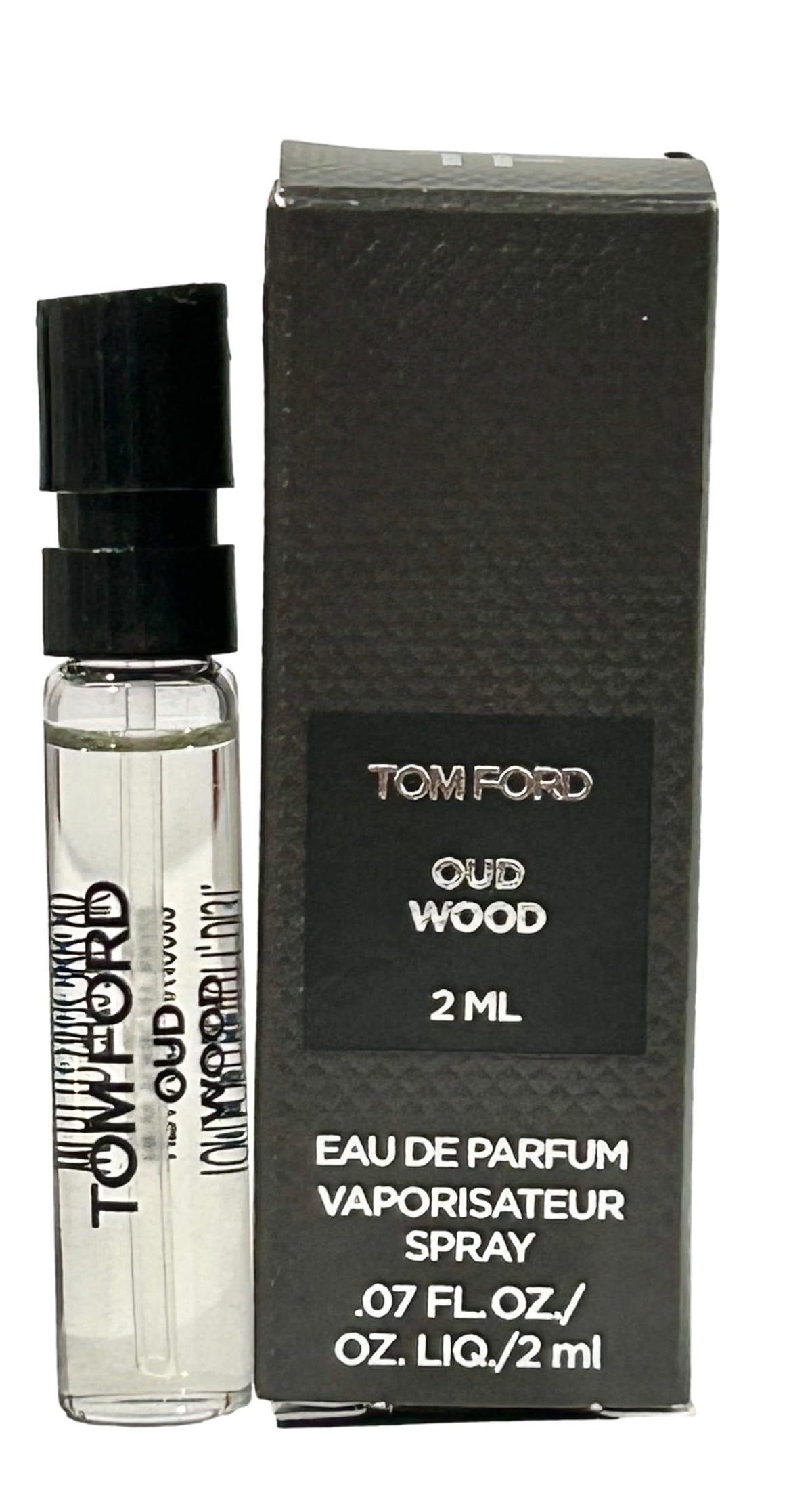 Tom Ford Oud Wood sample bottle, portable travel-size fragrance for on-the-go use