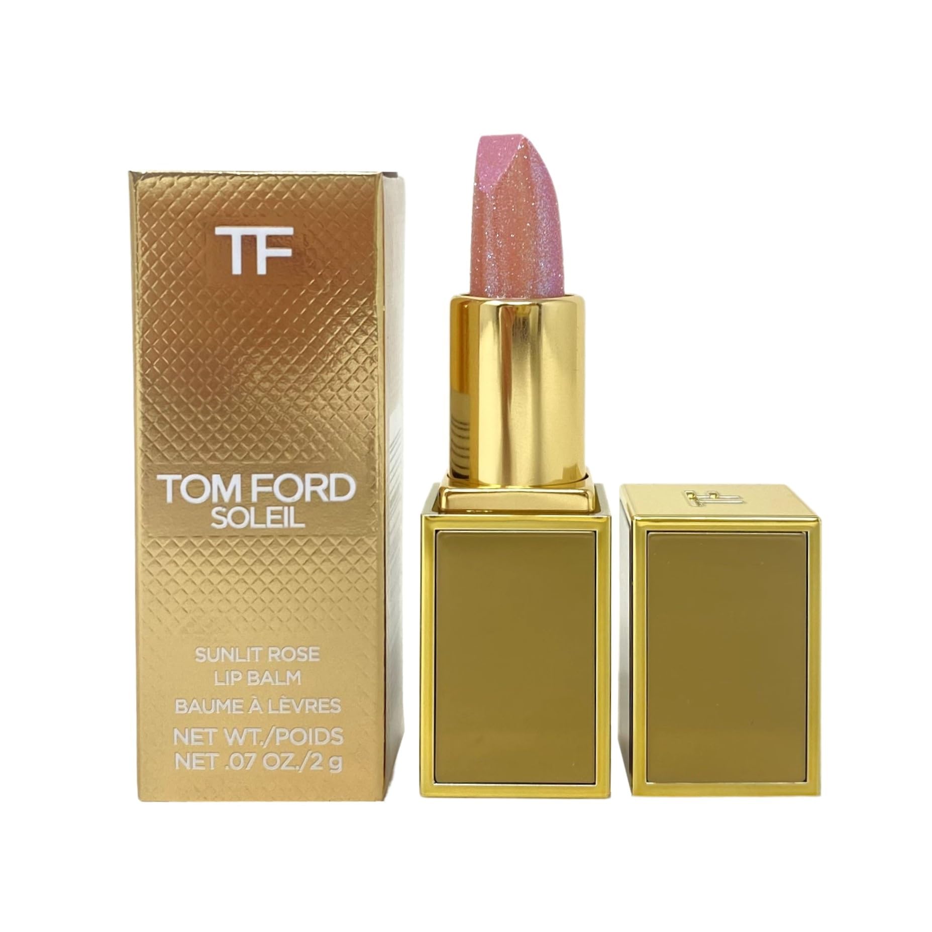 Tom Ford Soleil Sunlit Rose mini lip balm tube delivers sheer pink glow and hydration.