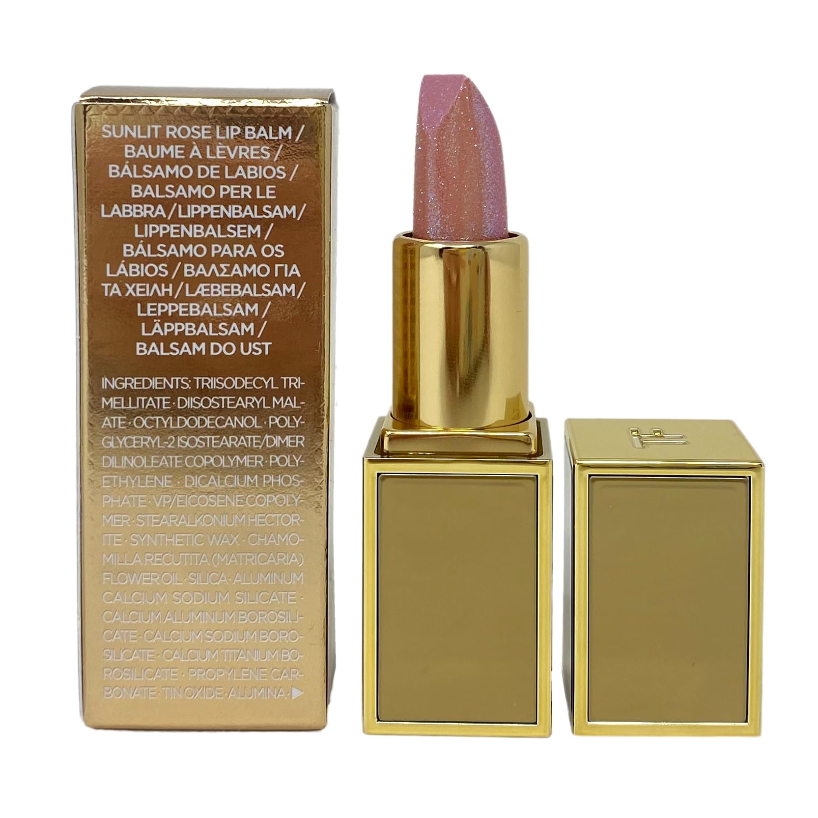 Tom Ford Soleil Sunlit Rose mini lip balm close-up shows smooth texture and light sheen.