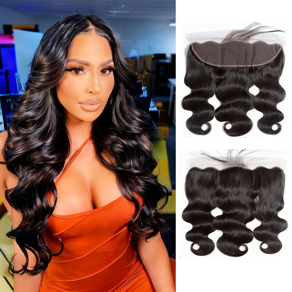 TOMAFUN 13x4 HD lace frontal 14-inch body wave close view, seamless skin blend.