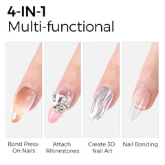 TOMICCA nail glue in use on a press-on nail tip during application