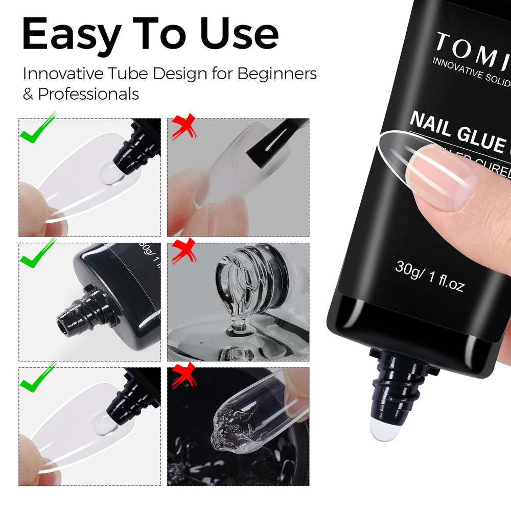 TOMICCA nail glue curing under lamp for 60 seconds