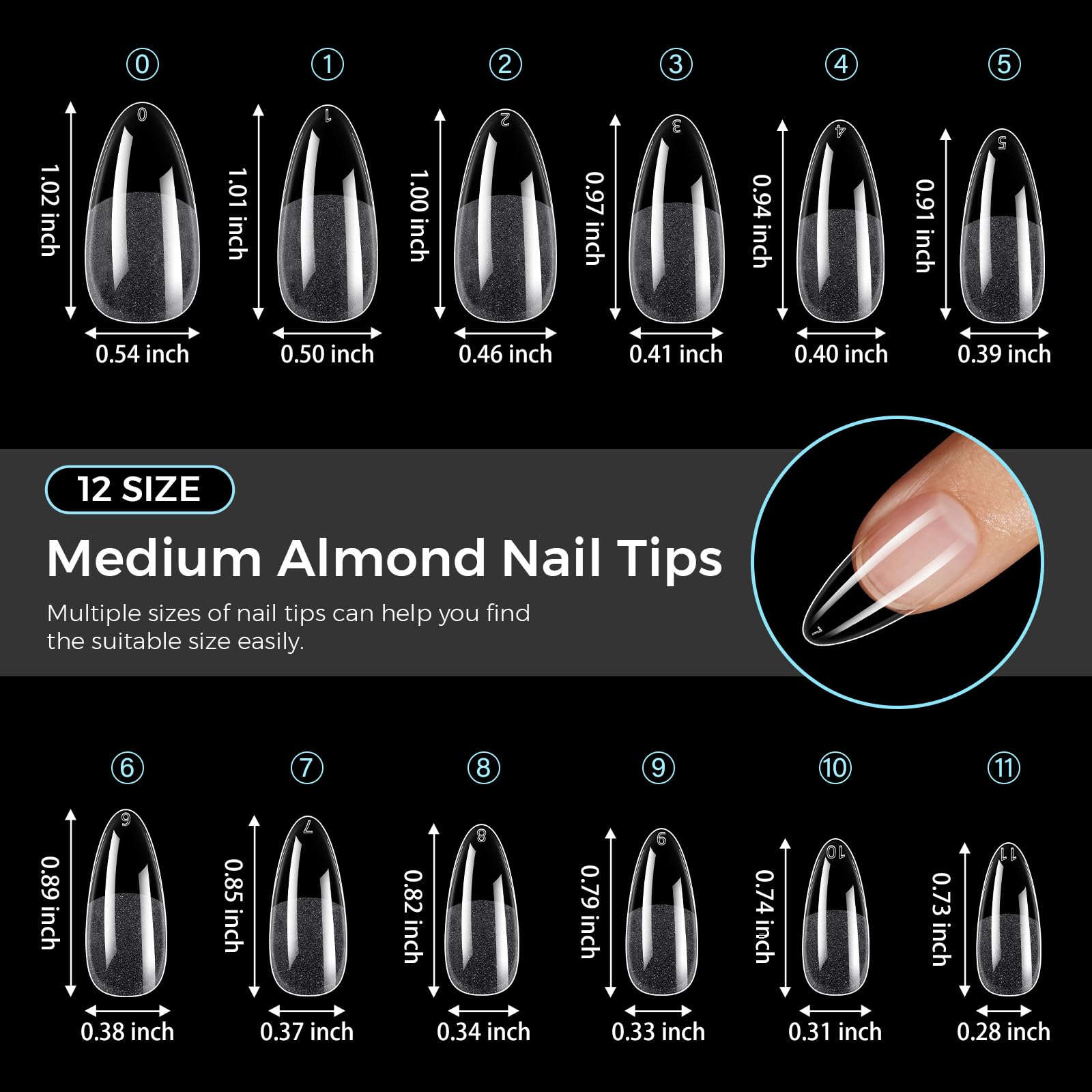 TOMICCA almond gel nail tips clear look for versatile nail art.