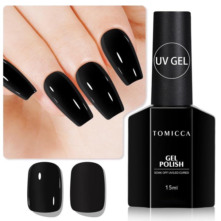 TOMICCA Black Gel Nail Polish 15ml bottle shows bold color and lasting shine