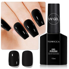 TOMICCA Black Gel Nail Polish 15ml bottle shows bold color and lasting shine