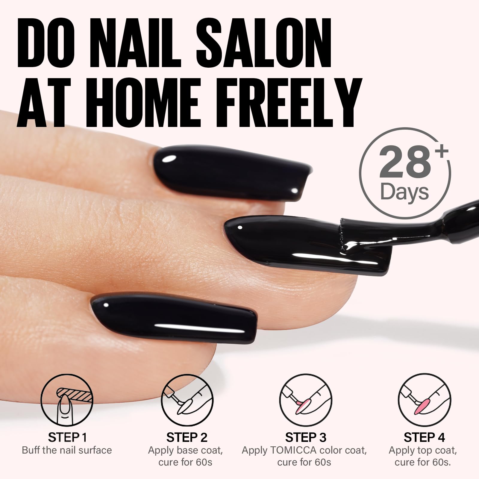 TOMICCA swatch on nail demonstrates deep black finish with smooth texture