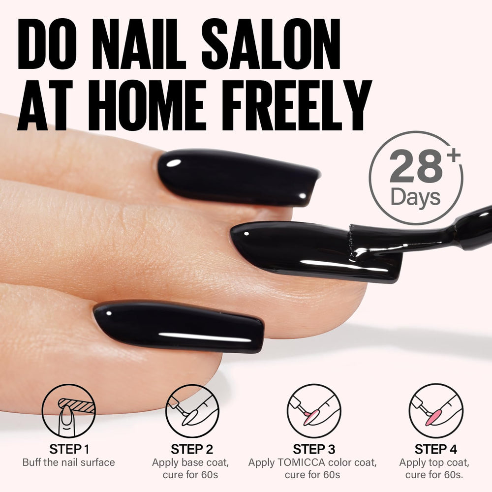 TOMICCA swatch on nail demonstrates deep black finish with smooth texture