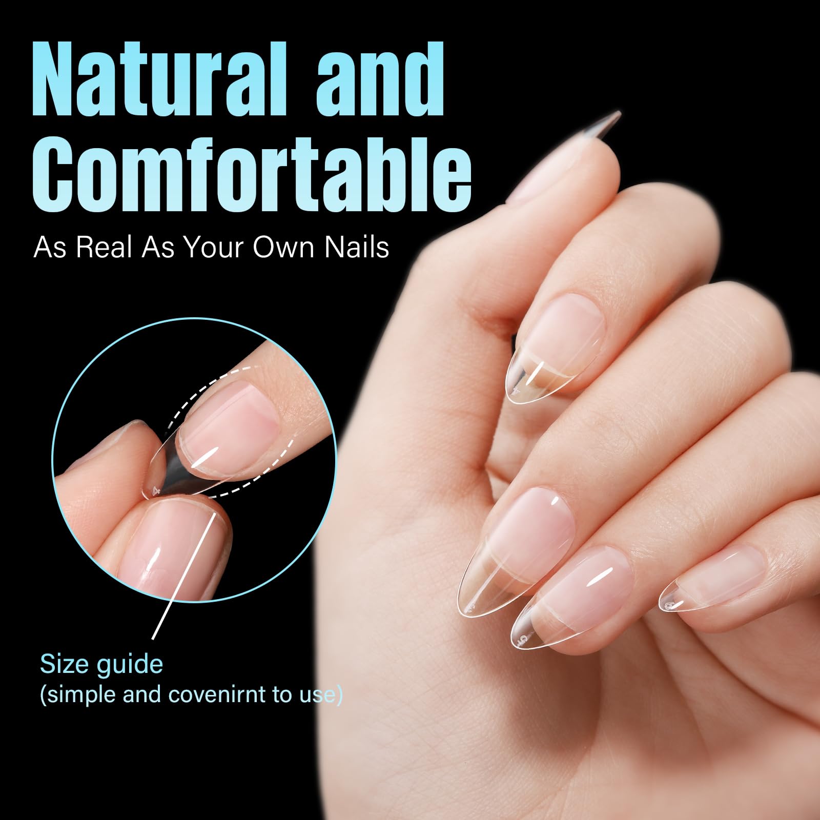 Clear almond tips ready for polish, dip powder, or acrylic effects