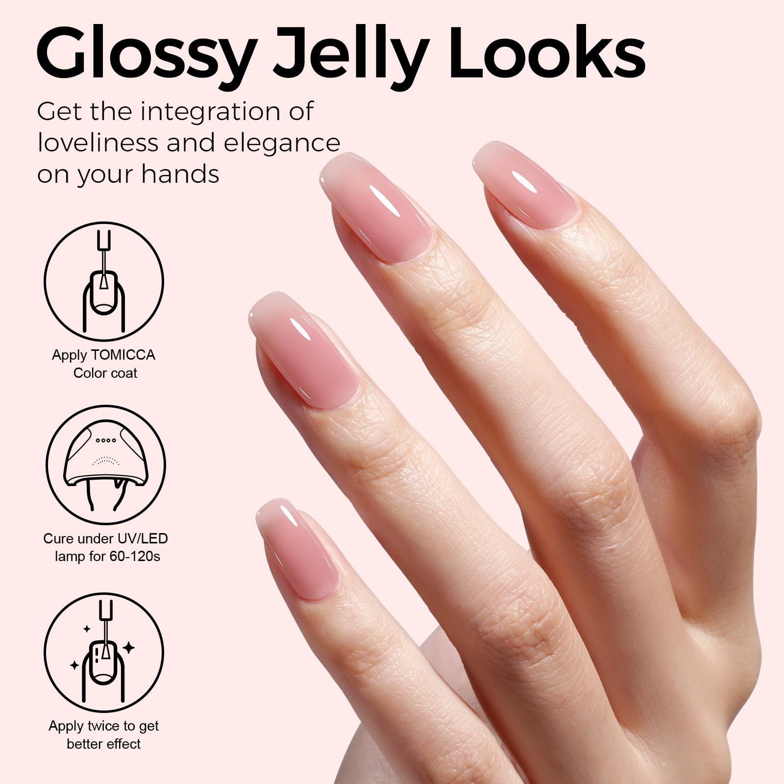 TOMICCA jelly pink gel polish bottle under LED curing light.