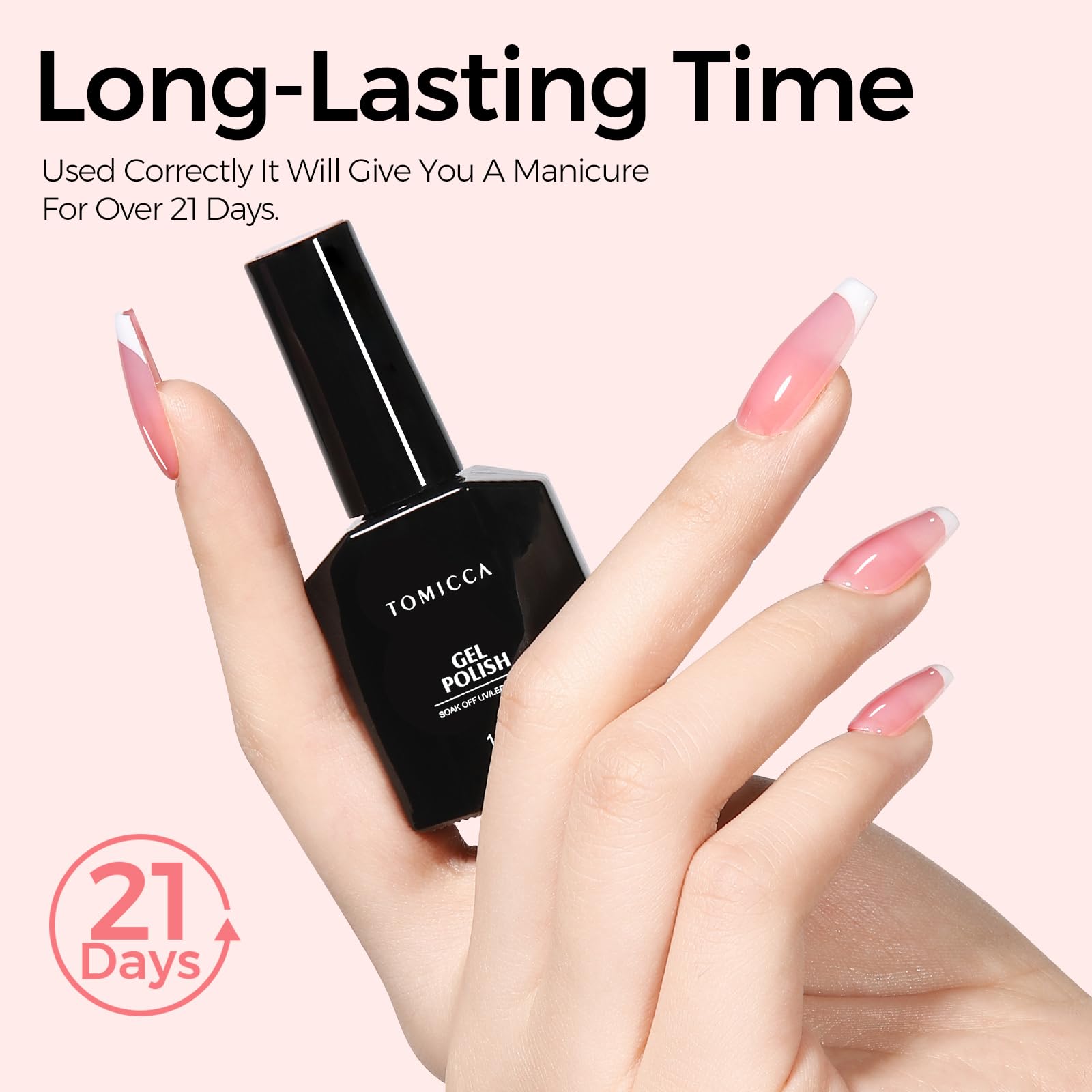 TOMICCA jelly pink gel polish glossy finish on nails.