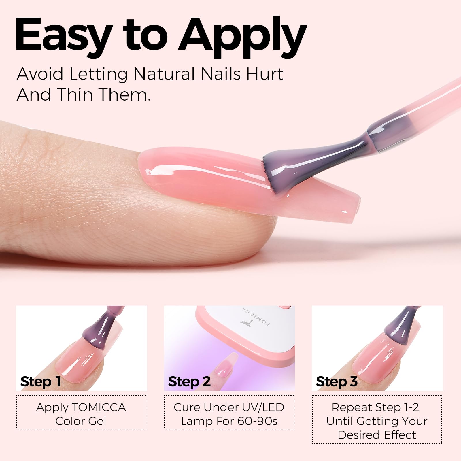 TOMICCA vegan gel polish beside base and top coat for home manicure.