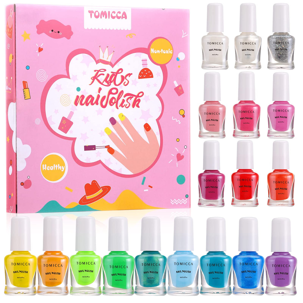 TOMICCA 18-bottle kids nail polish set with bright colors for playful manicures.