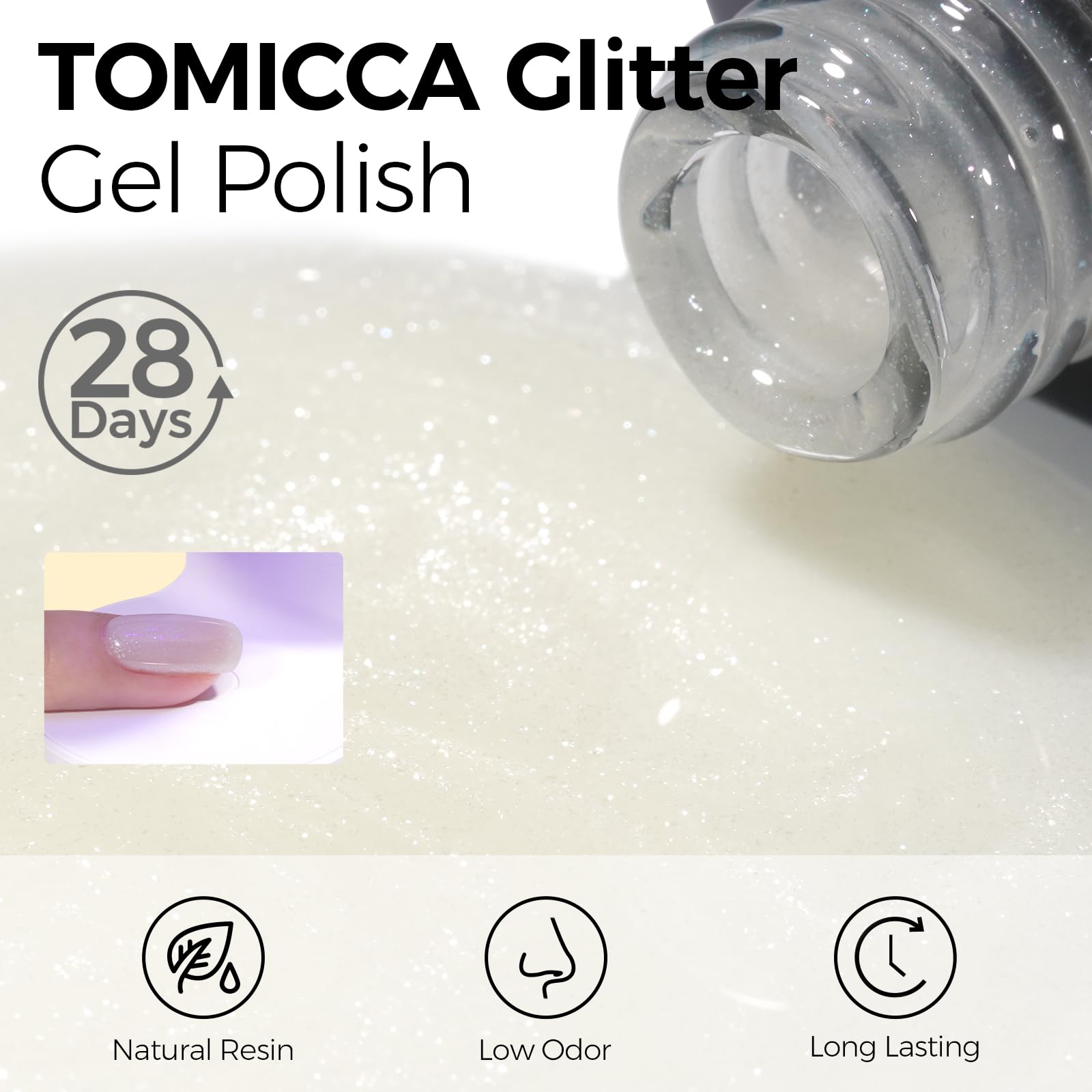TOMICCA Sparkle Silver Gel Polish swirl shows dazzling color for party-ready nails.
