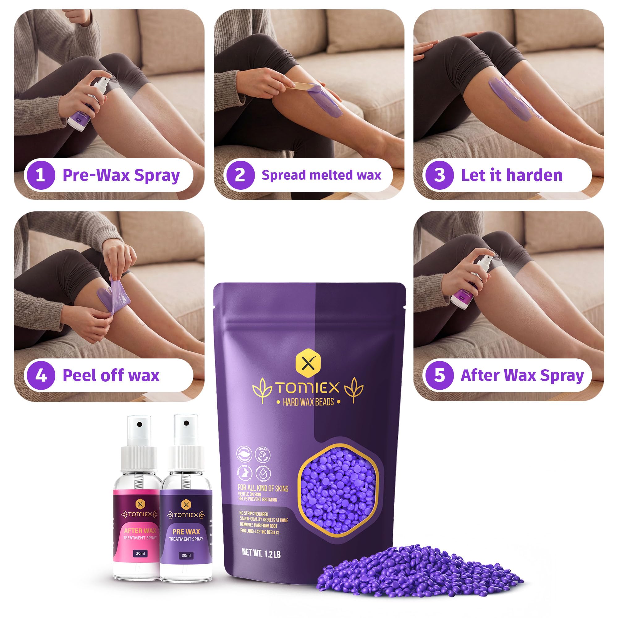 Tomiex kit supports face, legs, bikini, and body waxing at home.