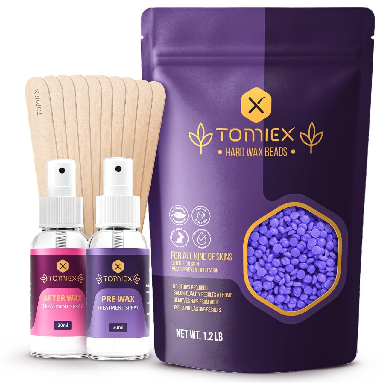 Tomiex wax beads in a 1.2 lb bag for versatile at-home hair removal.