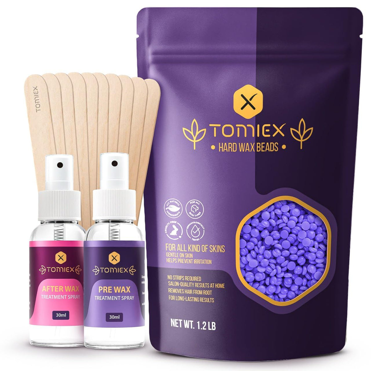 Tomiex wax beads in a 1.2 lb bag for versatile at-home hair removal.